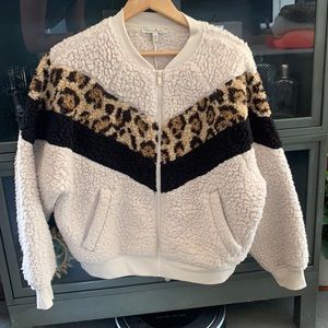 Express leopard & cream fuzzy bomber jacket